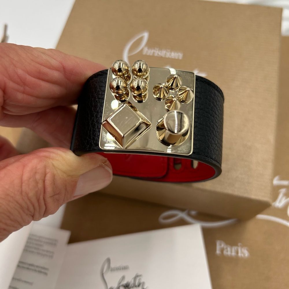Christian Louboutin Black Leather Bracelet with Gold Stud Plate and Red Interior